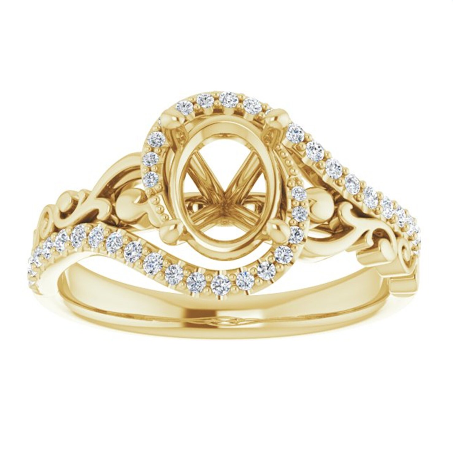 Sculptural Oval Shape Semi Mount Ring 14k Rose Gold, Scroll Diamond ...