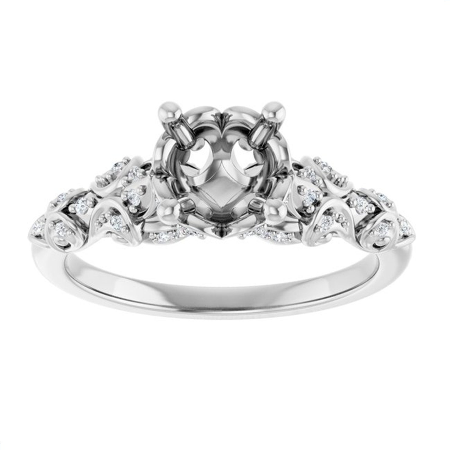 Sculptured Round Shape Diamond Semi Mount Ring 14k White Gold, Vintage Round Semimount Ring