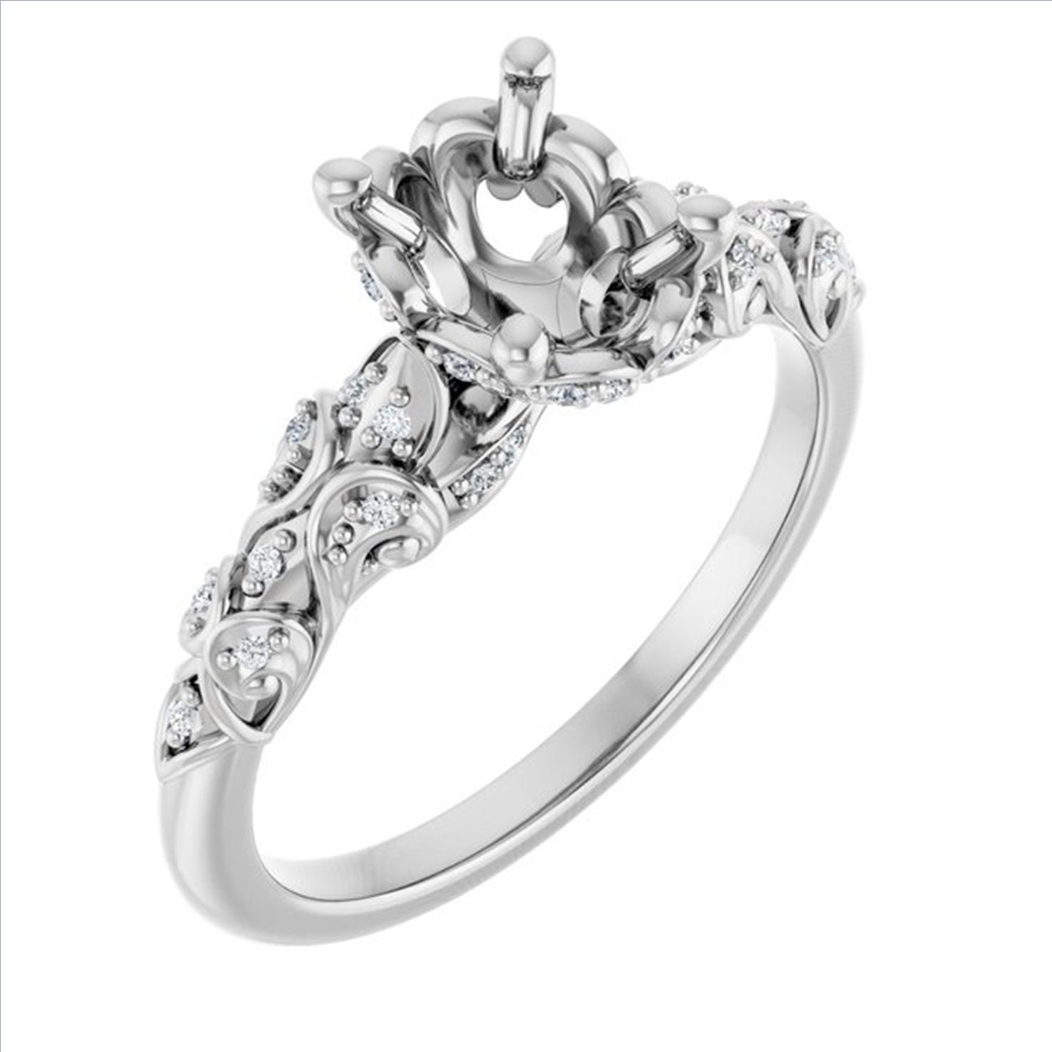 Sculptured Oval Shape Semi Mount Ring 14k White Gold, Art Nouveau Oval Diamond Mount Ring