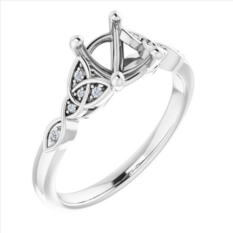 Celtic Knot Emerald Shape Semi Mount Ring 14k White Gold, Trinity Emerald Cut Diamond Mount Ring