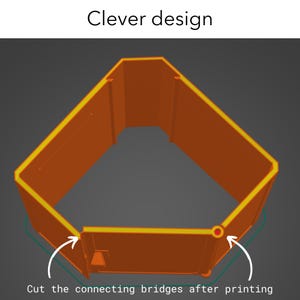 May include: An orange 3D printed hexagonal frame with thin connecting bridges at the corners. The text "Clever design" appears at the top, and "Cut the connecting bridges after printing" is written at the bottom with arrows pointing to the joints.