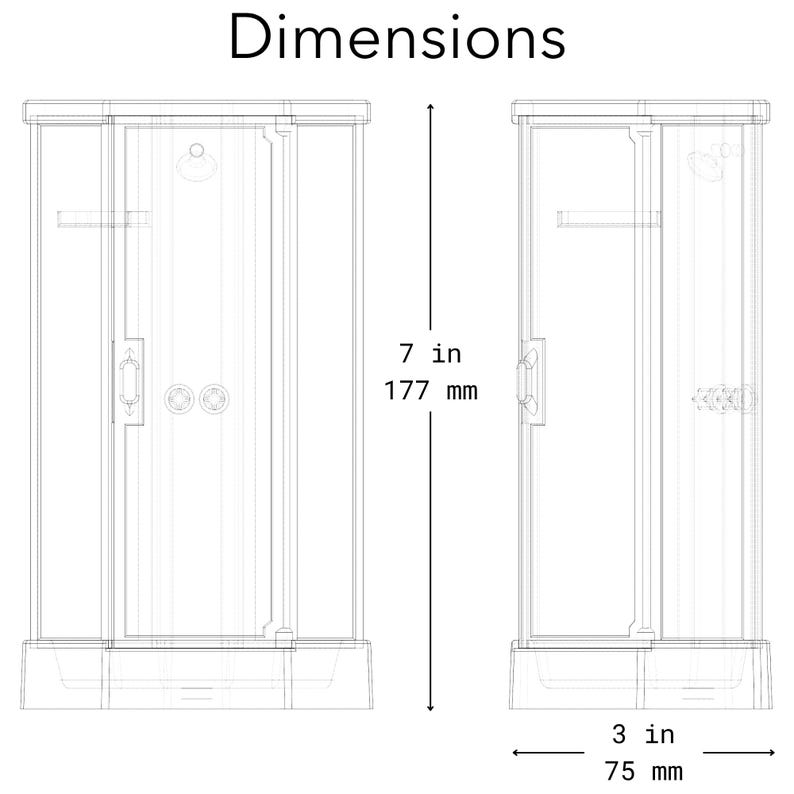 May include: A black and white line drawing of a rectangular shower enclosure with the text Dimensions at the top. The height is labeled as 7 inches and the width is labeled as 3 inches, showing a front and side view of the structure.