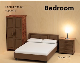 Muebles de dormitorio para casa de muñecas que incluyen armario, cama tamaño queen y tocador. Archivos STL de impresión 3D. Modelo DIY a escala 1:12.