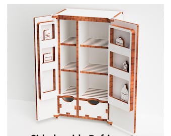 May include: A white dollhouse miniature side-by-side refrigerator with two doors, shelves, and drawers. The refrigerator is made of wood and has a realistic design.