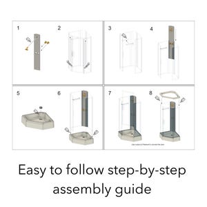 May include: An eight-step assembly guide for a corner shower enclosure, featuring line drawings of the installation process, including hardware, panels, and base components, with the text "Easy to follow step-by-step assembly guide" at the bottom.