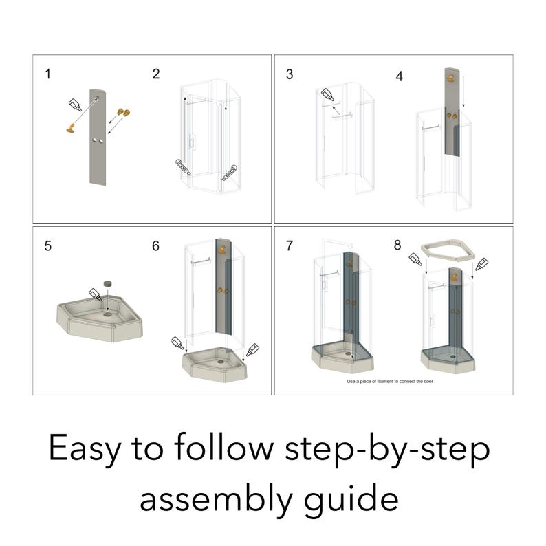 May include: An eight-step assembly guide for a corner shower enclosure, featuring line drawings of the installation process, including hardware, panels, and base components, with the text "Easy to follow step-by-step assembly guide" at the bottom.