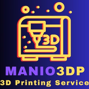 Può includere: Un'icona gialla di stampante 3D con la parola "3D" all'interno, circondata da piccoli cerchi gialli. Il testo "MANIO3DP 3D Printing Service" è sotto l'icona in lettere viola.