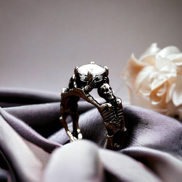 Gothic Dainty Wedding Ring | Stainless Steel Punk Ring, Garnet Aquamarine Black Onyx Birthstone ring, Skeleton Hand ring, Gift Death Ring