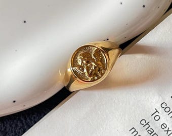 Custom Cherub Signet Ring, Angel Relief Design, Personalized Outer Engraving, Choice of Metal and Motif