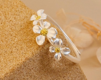 925 Sterling Silver Flower Ring, Adjustable Dainty Floral Open Ring, Nature Inspired Blossom Jewelry, Cute Stacking Ring Gift for Women