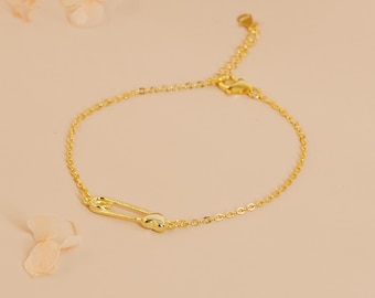 925 Sterling Silver Gold Plated Bracelet, Minimalist Bracelet, Safety Pin Chain Bracelet, Dainty Adjustable Jewelry, Trendy Gift for Women