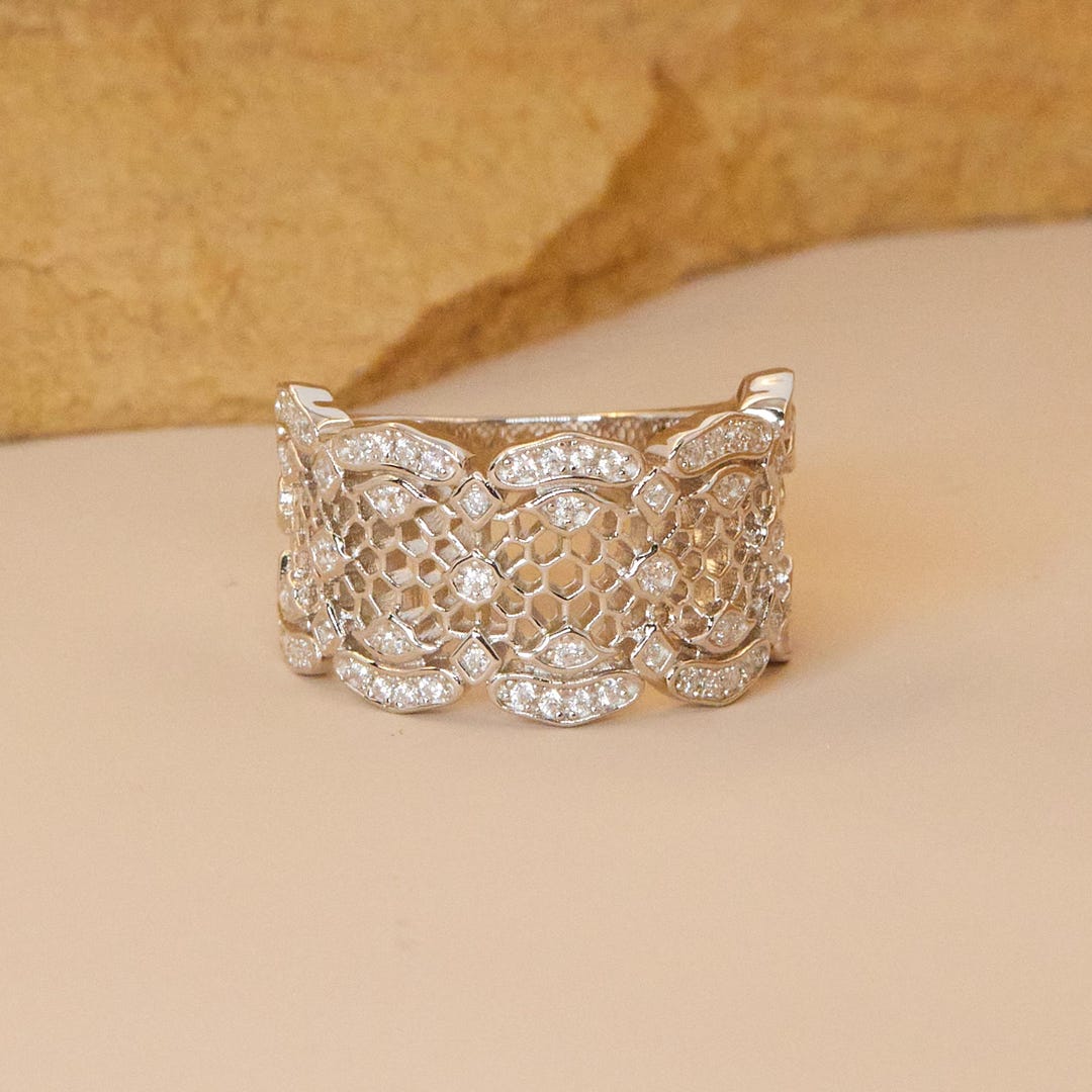 925 Sterling Silver Wide Band Ring With Cubic Zirconia, Vintage ...