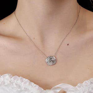 925 Sterling Silver Camellia Necklace, Dainty Cubic Zirconia Flower Pendant, Elegant Bridal Jewelry, Romantic Gift for Her, Floral Necklace