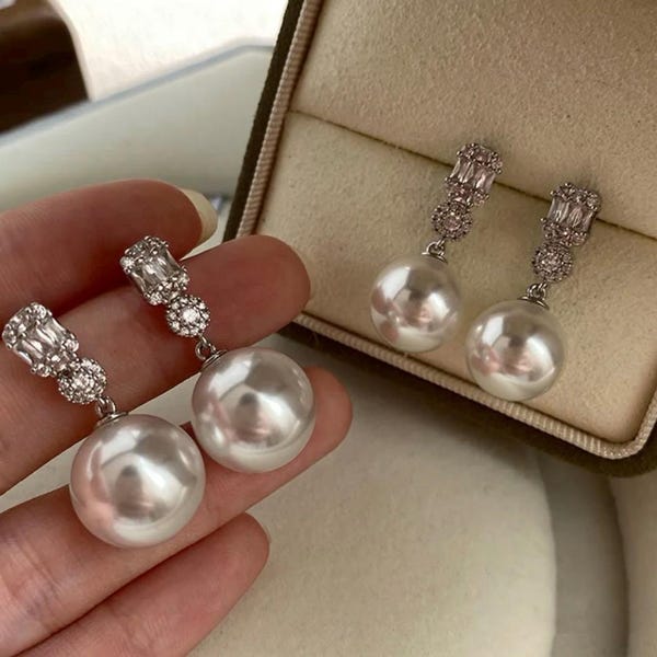 Stunning Silver 12MM Pearl Zirconia Studs Drop Earrings - Elegant Design for Women, Perfect for Birthdays and Special Occasions