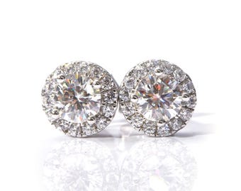 1CT Round Halo Moissanite Stud Earrings | 925 Sterling Silver Diamond Alternative | Bridal Everyday Jewelry | Sparkling Gift for Her
