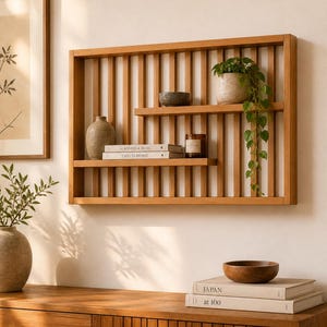 May include: Wooden wall-mounted shelf with vertical slats and two shelves. The shelves display a small potted plant, a ceramic bowl, books, and a candle. A vase and a wooden bowl are also visible.