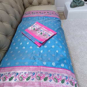 Sky Blue Paithani Silk Saree: Peacock Border, Silver Butta