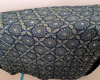 Exclusive pure ajrak modal silk saree with mirror handwork and tissue pallu. PicoFall ready.