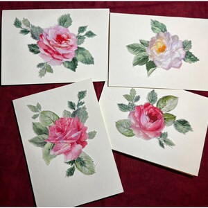Tarjetas hechas a mano, en blanco, para todas las ocasiones con rosas de tela. Rosas rosas, blancas y antiguas. Cumpleaños, Día de la Madre, Boda, Ducha, Gracias.