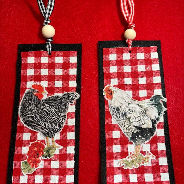 Chicken bookmarks made with felt and fabric.  Black and white chickens.  Gifts for chicken lovers, book lovers, readers, Red and white check