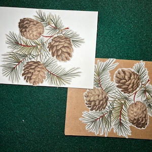 Carte de pommes de pin en tissu fabriquée à la main.  Convient pour l'automne, l'hiver, Noël, un anniversaire, merci, portez-vous bien, pensant à vous, blanc à l'intérieur.