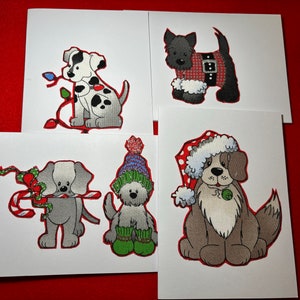 Handgefertigte, niedliche Stoffwelpen Weihnachtskarten.  Scottie, Dalmatiner, Schäferhund, und mehr, in Weihnachtskleidung.  Innen leer.  10x14 cm