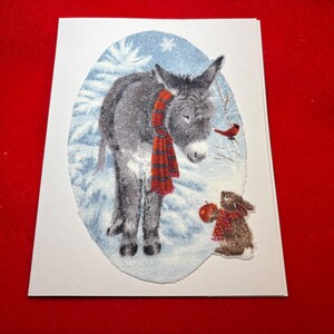 Adorables tarjetas navideñas hechas a mano en franela. Interior en blanco. Burro y conejito navideños. Cardenal, nieve, bufandas, amantes de los animales.