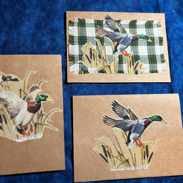Handcrafted, blank, all occasion, card with hand cut fabric duck/mallard in marsh. Birthday, Get Well, Fathers' Day, Thinking of You, Thanks