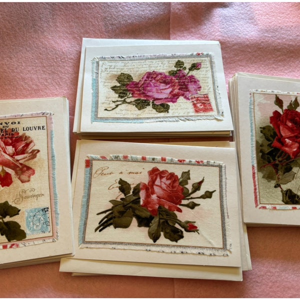 Handcrafted, French themed, blank, rose postcard themed card/notecard.  Victorian style pink, red, coral roses on French postcard fabric.