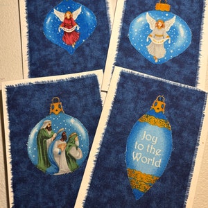 Handgearbeitete Weihnachtskarten, unbedruckt mit Stoffbildern von Weihnachtsengeln, 3 Königen/Wisemen, etc. Religiöse Karten. Freude in die Welt.
