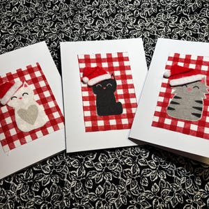 Adorables chats en tissu dans des chapeaux de père Noël, cartes de Noël, vierges à l'intérieur, 4 x 5,5 pouces, chat tigre gris, chat blanc, chat noir. Pour les amoureux des chats, des chatons.