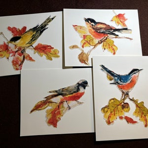 Preciosas tarjetas hechas a mano para cualquier ocasión, con interior en blanco e imágenes de tela de pájaros con hojas de otoño. Cumpleaños, mejórate, estoy pensando en ti...