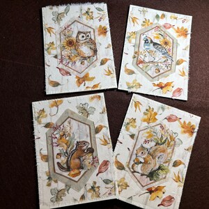 Handgefertigte Karten für jeden Anlass mit Stoff Eule, Wachtel, Backenhörnchen und Eichhörnchen auf festem Fotokarton. Geburtstag, gute Besserung, ich denke an Dich, danke.