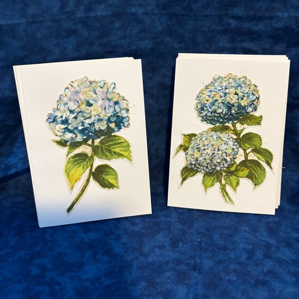 Handcrafted, blue hydrangea, all occasion/all purpose blank card made with quality card stock and handcut fabric.