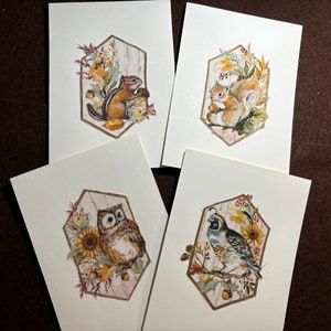 Handgefertigte Karten für jeden Anlass mit Stoff Eule, Wachtel, Backenhörnchen und Eichhörnchen auf festem Fotokarton. Geburtstag, gute Besserung, ich denke an Dich, danke.