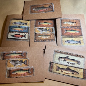 Handgefertigte Stoffkarten für alle Gelegenheiten.  Ideal für Angler und Naturliebhaber.  Leer innen für Ihre eigene Nachricht. 10x14 cm.