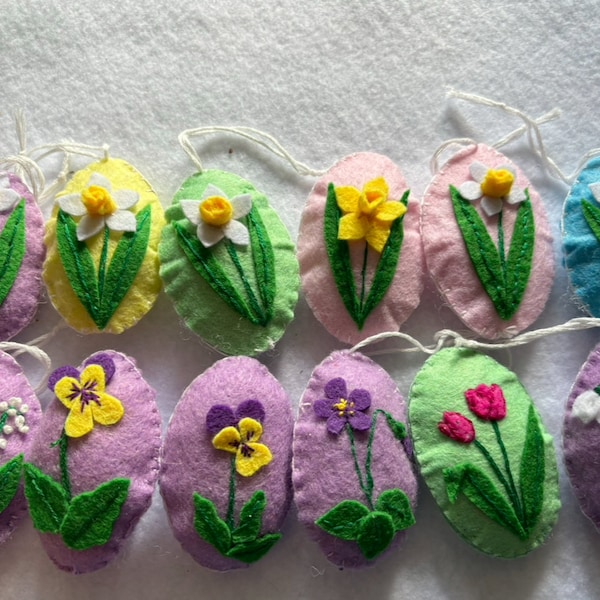 Stuffed Floral Felt Embroidered Easter Eggs for Easter Decor or Gifts.  Tuck them in Easter Baskets, in a bowl, hang them on a branch/tree