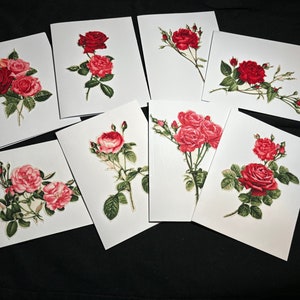 Handgefertigte, rot/pink farbene Stoffrosen, blanko, Grußkarten für jede Gelegenheit. Geburtstag, Danke, Gute Besserung, Einladungen, Muttertag