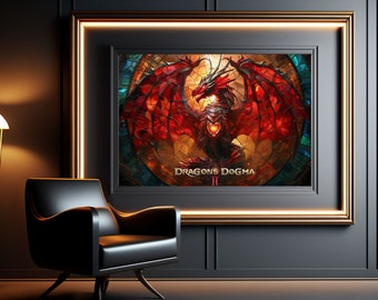 Dragon's Dogma 2 - A Dragon Holding an Arisen Heart | Stained Glass Style Poster