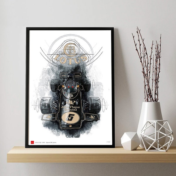 Formule 1, LOTUS 72D, Illustration dessinée à la main, Vintage, Art, Décoration mural.