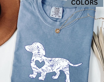 Floral Dachshund Comfort Colors T-Shirt, Cottagecore Doxie Tee