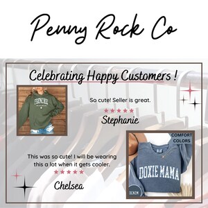 May include: Two customer reviews for Penny Rock Co. featuring a green hoodie with the text "FRENCHIE" and a blue t-shirt with the text "DOXIE MAMA". Both reviews include five stars and positive comments.