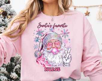 Christmas Nurse Sweatshirt, Trendy Santa Bubble Gum, Santa's Favorite Nurse Crewneck