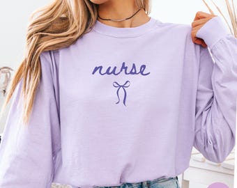 Comfort Colors Nurse Long Sleeve Shirt, Trendy Coquette Bow Registered Nurse Shirts