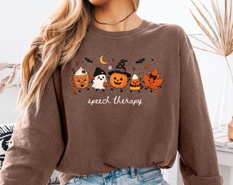 Comfort Colors Halloween Speech Therapy Long Sleeve Shirt, Fall Pumpkin Speech Therapist SLP T-shirt
