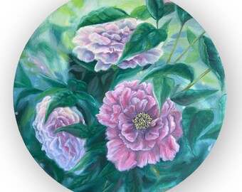 Round Pink Floral Painting, Original Oil Painting on Canvas