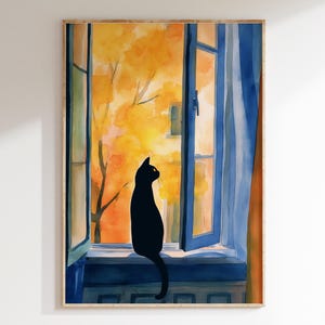 Black Cat in Autumn Window – Cozy Watercolor Wall Art Print, Fall Cat Decor, Feline Lover Gift, Window View Illustration