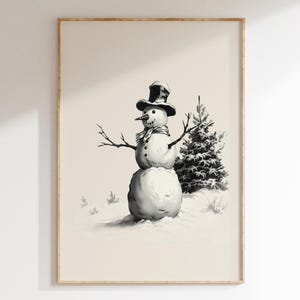 Vintage Snowman Art Print - Minimalist Black and White Drawing - Winter Wall Decor - Christmas Snow Art