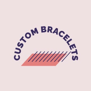 May include: A logo design featuring the text "CUSTOM BRACELETS" in a navy blue, arched font above a red rectangle with diagonal navy blue lines. The background is a light pink color.