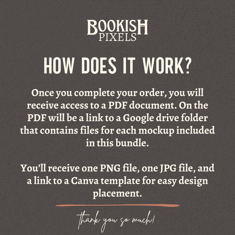 Puede incluir: Texto sobre un fondo marr&oacute;n que dice "BOOKISH PIXELS" y "&iquest;C&Oacute;MO FUNCIONA?" El texto explica c&oacute;mo acceder a los archivos digitales despu&eacute;s de comprar un producto. El texto tambi&eacute;n dice "&iexcl;muchas gracias!"